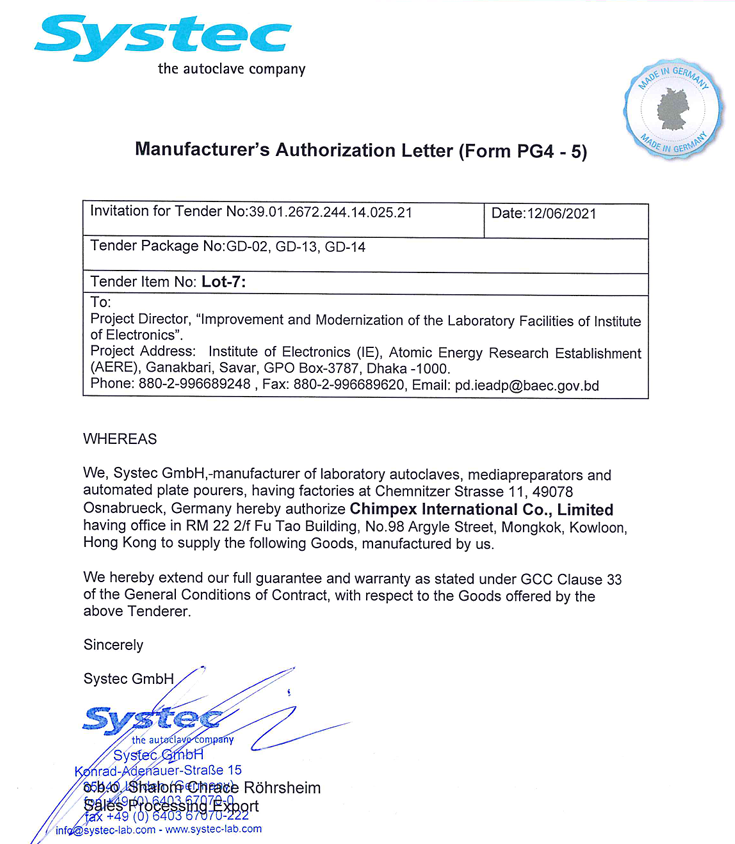 Systec authorization letter preview
